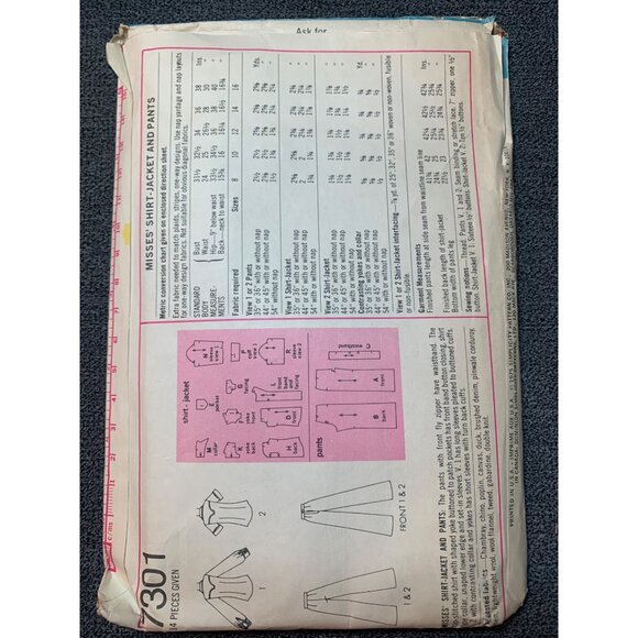 Simplicity 7301 Misses Shirt-Jacket & Pants Sewing Pattern Size 10 1970s - Picture 2 of 2